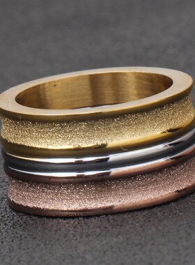 新款欧美热卖12MM拼接钛钢戒指时尚磨砂三色个性不锈钢戒指指环女