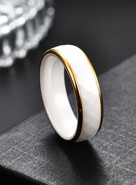 新款欧美个性简约宽6MM金色不锈钢菱性切面黑白陶瓷戒指情侣
