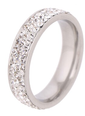 新款三排白色捷克钻6MM欧美时尚创意女结婚个性男士钛钢戒指