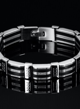 新款跨境欧美ins14MM街头嘻哈潮男时尚手链个性硅胶波点钛钢手镯