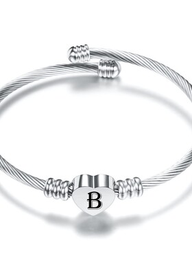 新款欧美跨境热卖简约个性26字母筛子字体不锈钢钢丝编织心形手镯