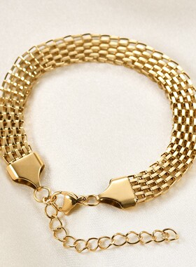 新款欧美ins简约不锈钢8MM18K金麻花宽版编织金属手链时尚手链女