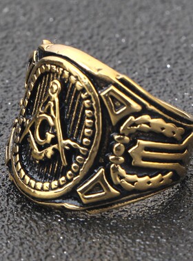 新款亚马逊热卖欧美复古做旧共济会Logo不锈钢304戒指男钛钢