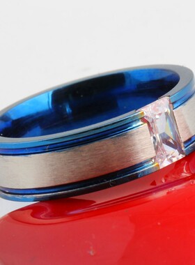 新款厂家 欧美时尚钛钢镶锆双层蓝色个性百搭潮男不锈钢戒指热卖