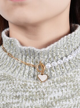 新款欧美跨境热卖15MM爱心镶贝壳仿珍珠拼接项链毛衣链锁骨OT链女