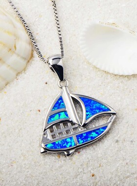 新款 ins风 爆款蓝色澳宝小船项链饰品镶进口欧泊