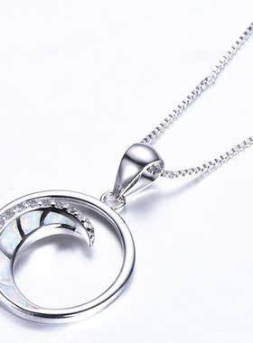 新款亚马逊热白色澳宝镶白钻月亮形光面圈圈吊坠项链时尚简约颈链
