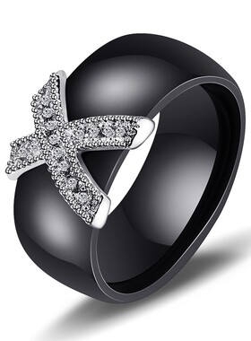 新款欧美跨境亚马逊热卖情侣对戒黑白陶瓷X戒指镶锆石8MM时尚戒指