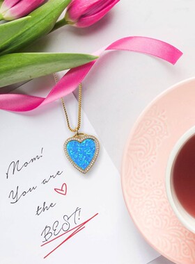 新款 亚马逊 澳宝母亲节爱心项链吊坠心形项链饰品镶进口欧泊