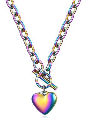 新款欧美ins简约流行OT扣光面爱心百搭金银彩色女钛钢项链可激光L