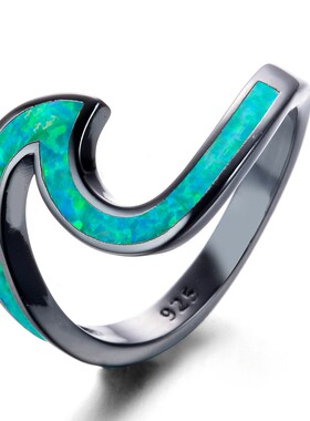 新款欧美镶钻时尚跨境黑金蛋白石蓝色澳宝2字形戒指指环首饰