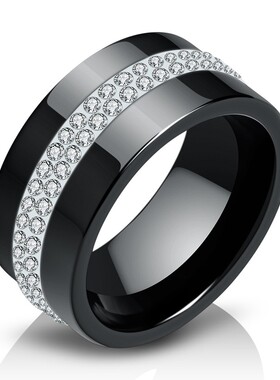 新款欧美跨境热卖时尚陶瓷黑白10MM两排镶钻指环简约个性戒指配饰