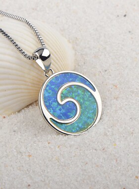 新款项链女欧美时尚饰品蓝色澳宝冲浪项链波浪吊坠毛衣链欧珀项链