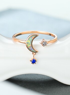 新款跨境玫瑰金925蓝白澳宝6号星月一颗白钻一颗蓝钻女式百搭戒指