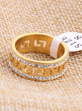 新款厂家欧美8mm18K金不锈钢镂空长城状个性双排镶钻不锈钢戒指女