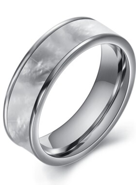 新款欧美跨境热卖时尚个性6MM散粉百搭镶贝壳不锈钢戒指指环热卖