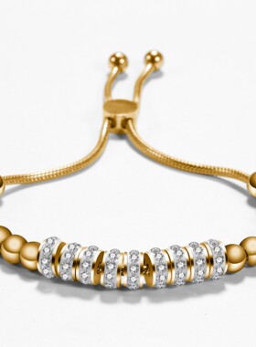 新款欧美跨境镶钻简约个性时尚圆珠手链可调节长度不锈钢钛钢手链