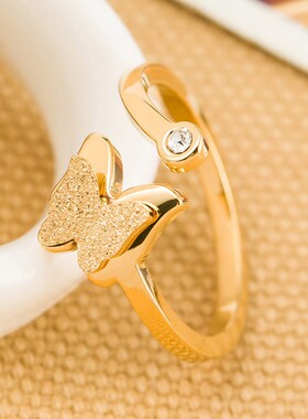 新款欧美跨境18K玫瑰金时尚磨砂蝴蝶开口可调节简约指环戒指