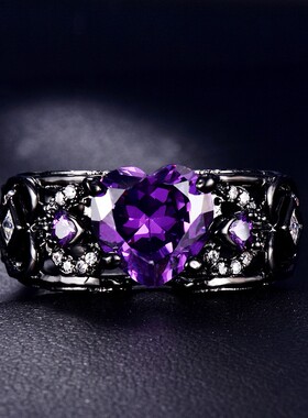 新款跨境个性天使之翼四爪爱心紫色锆石边镶白钻戒指