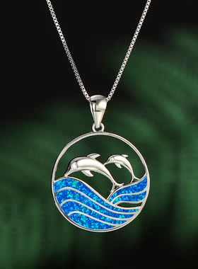 新款欧美亚马逊个性时尚白金蓝澳宝海豚圆波浪女式气质百搭项链