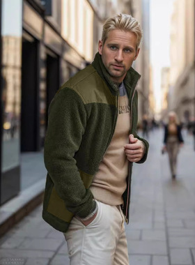 拼色摇粒绒外贸男装春秋立领外套