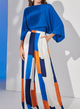 气质通勤女装蓝色上衣阔腿裤套装