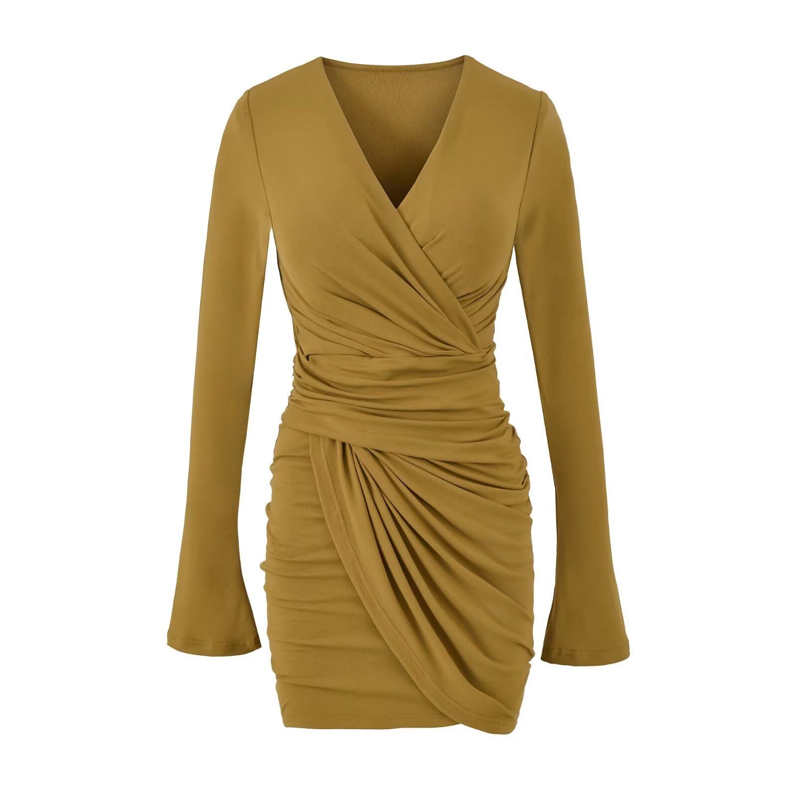 小谷姿春秋交叉V领褶皱长袖不规则带胸垫性感纯欲气质包臀连衣裙,淘宝优惠券,粉丝福利购,淘宝优惠卷