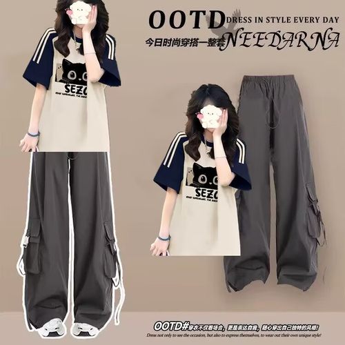 大童初中生一整套穿搭夏日少女短袖T恤+工装裤休闲服时尚两件套装 - 图1