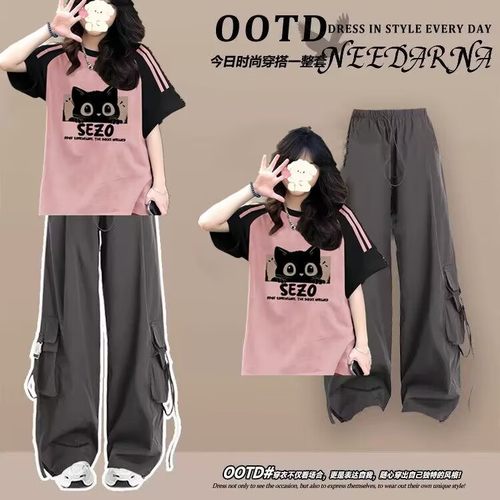 大童初中生一整套穿搭夏日少女短袖T恤+工装裤休闲服时尚两件套装 - 图2