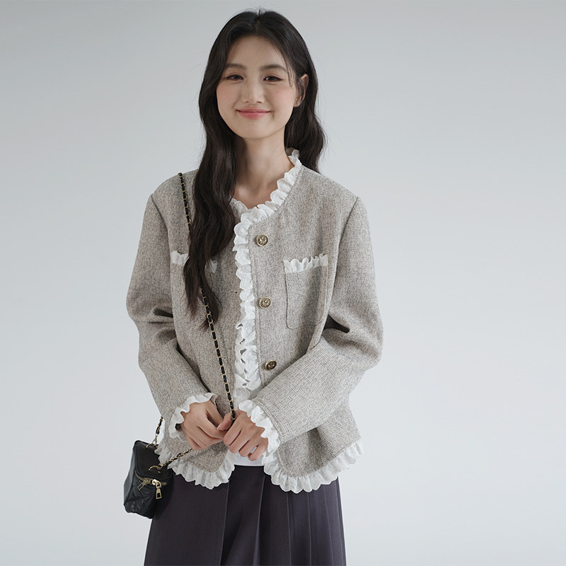 蓝若水大码女装蕾丝边小香风外套胖mm春装新款名媛气质粗纺上衣,淘宝优惠券,粉丝福利购,淘宝优惠卷