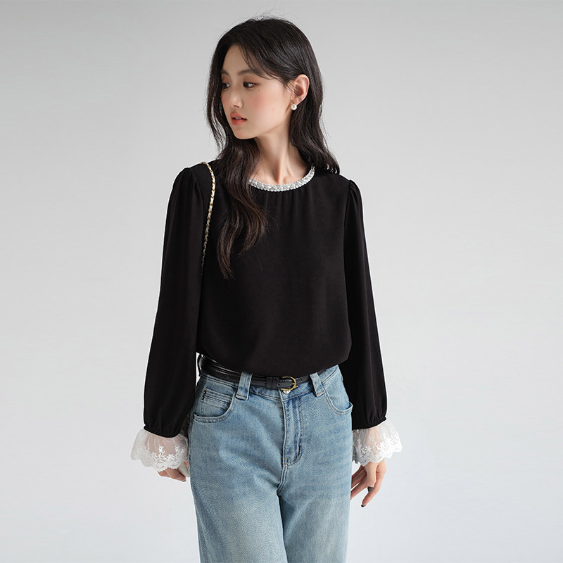蓝若水大码女装2026新款春装蕾丝珍珠领雪纺衫胖mm复古高级感上衣,淘宝优惠券,粉丝福利购,淘宝优惠卷