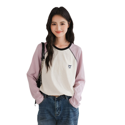 蓝若水大码女装别致插肩长袖T恤胖mm春季新款宽松刺绣打底上衣 - 图3
