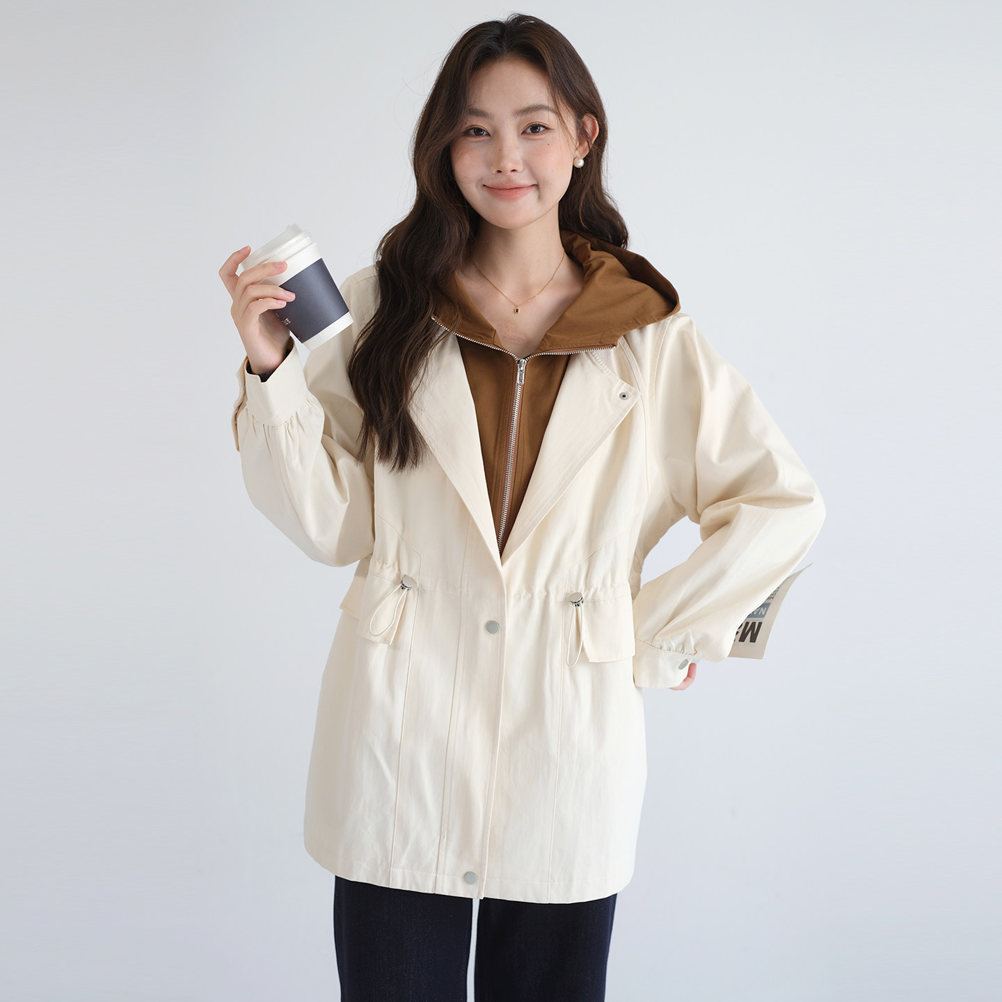 【假两件连帽工装外套】蓝若水大码2026春季新款抽绳收腰长款上衣,淘宝优惠券,粉丝福利购,淘宝优惠卷