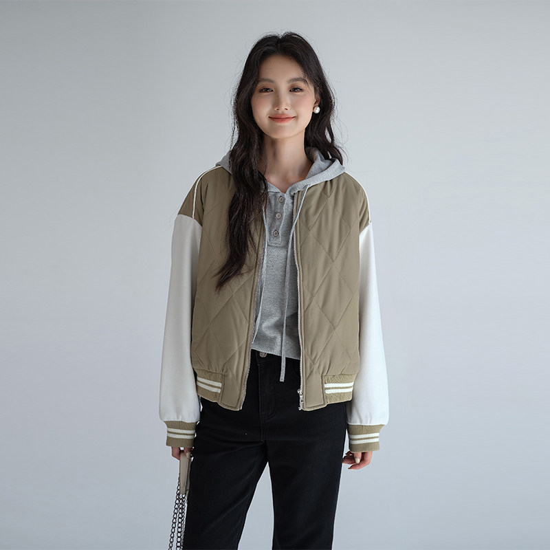 蓝若水大码女装撞色拼接保暖菱格棉衣胖mm冬季新款学院风短款外套,淘宝优惠券,粉丝福利购,淘宝优惠卷