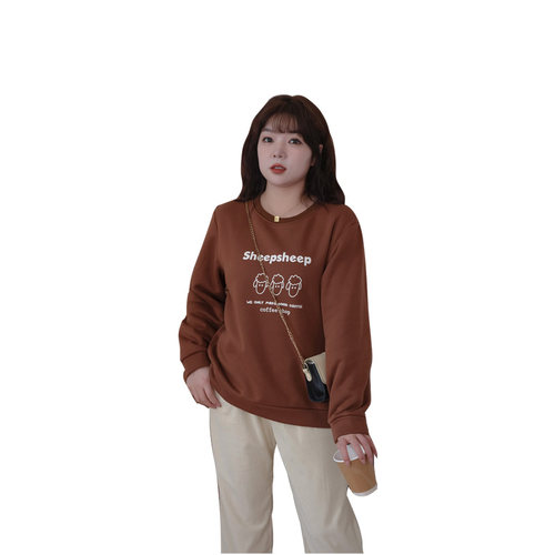 蓝若水大码女装宽松印花加绒卫衣胖MM春季新款巨显瘦休闲遮肚上衣 - 图3