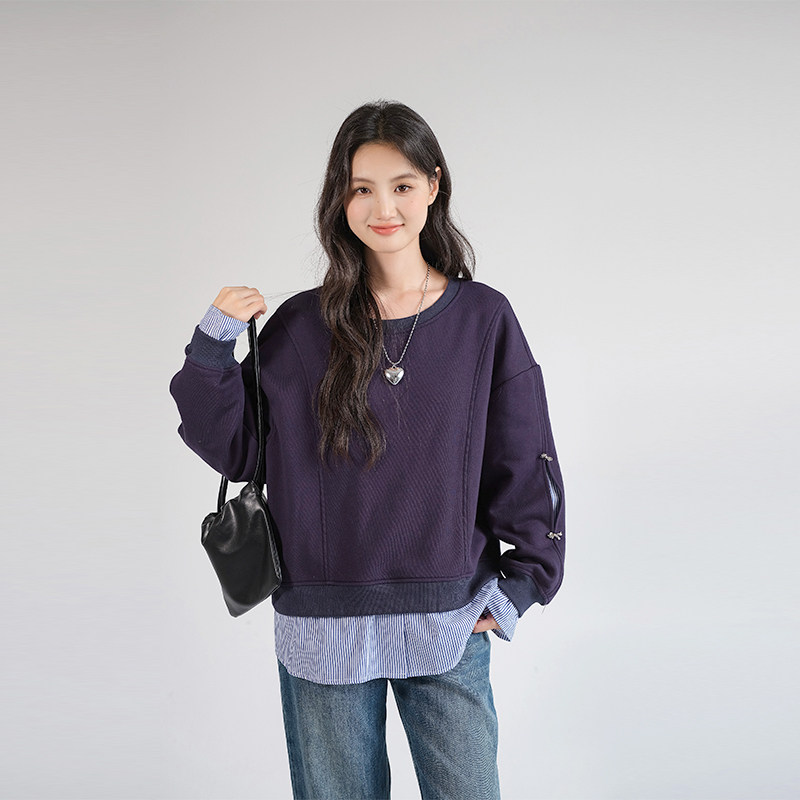 蓝若水大码女装条纹拼接假两件卫衣胖mm春装新款别致宽松加绒上衣,淘宝优惠券,粉丝福利购,淘宝优惠卷