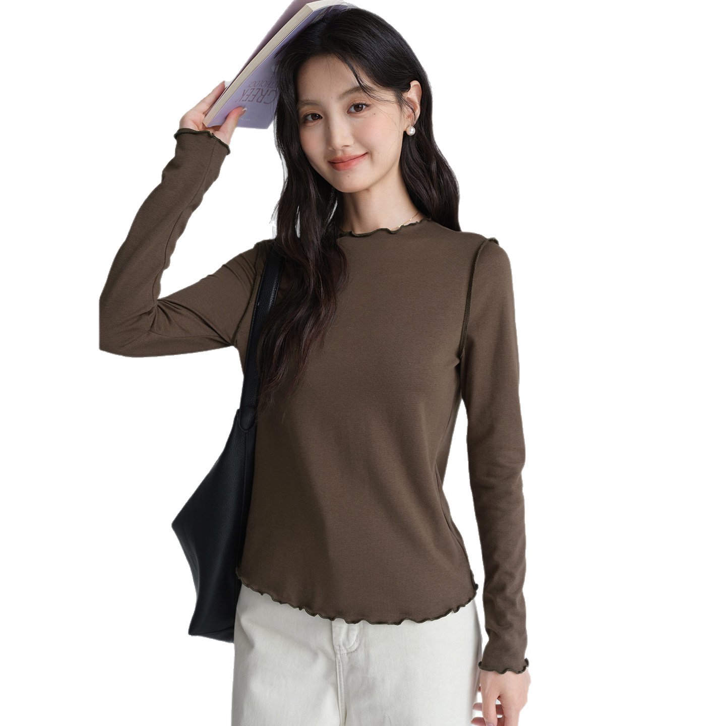 蓝若水大码女装纯色木耳边打底针织衫2026春新款简约舒适内搭上衣,淘宝优惠券,粉丝福利购,淘宝优惠卷