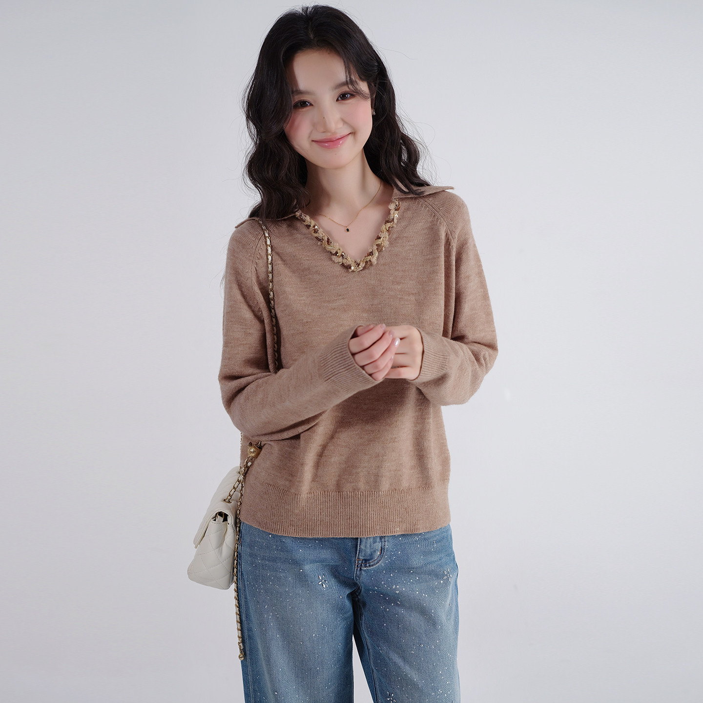 蓝若水大码女装2026春季新款亮片V领针织衫胖mm淑女气质宽松毛衣,淘宝优惠券,粉丝福利购,淘宝优惠卷