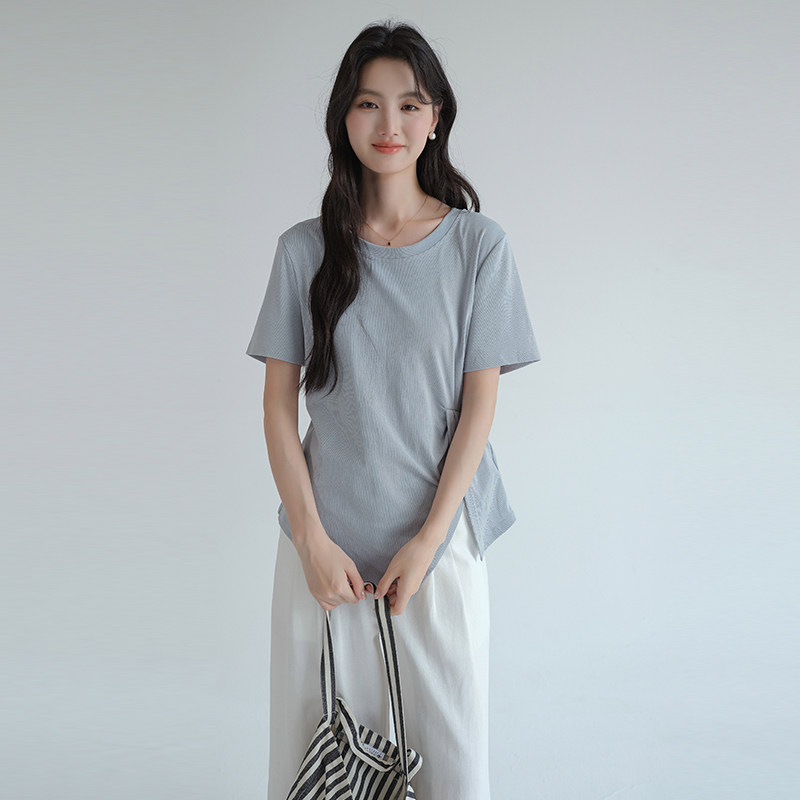 【不规则开叉短袖T恤】蓝若水大码2026夏装新款胖MM正肩圆领上衣,淘宝优惠券,粉丝福利购,淘宝优惠卷