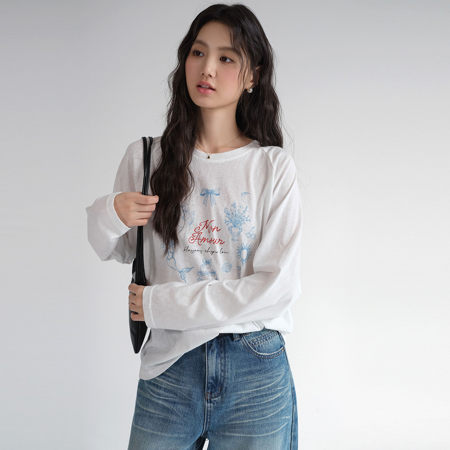 【韩系甜美印花T恤】蓝若水大码2026春装新款休闲内搭长袖上衣ins,淘宝优惠券,粉丝福利购,淘宝优惠卷