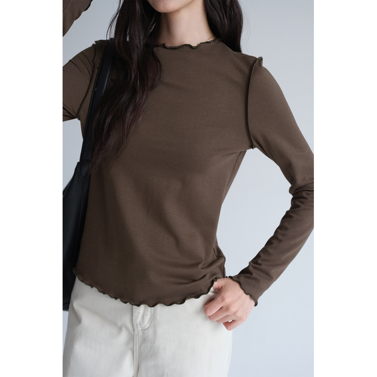 蓝若水大码女装纯色木耳边打底针织衫2026春新款简约舒适内搭上衣,淘宝优惠券,粉丝福利购,淘宝优惠卷