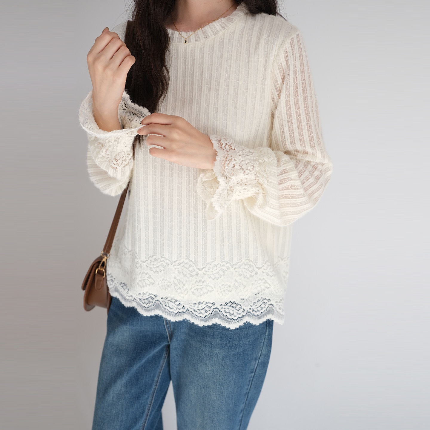 【磨毛肌理感条纹蕾丝衫】蓝若水大码2026春装新款遮肚子宽松上衣,淘宝优惠券,粉丝福利购,淘宝优惠卷