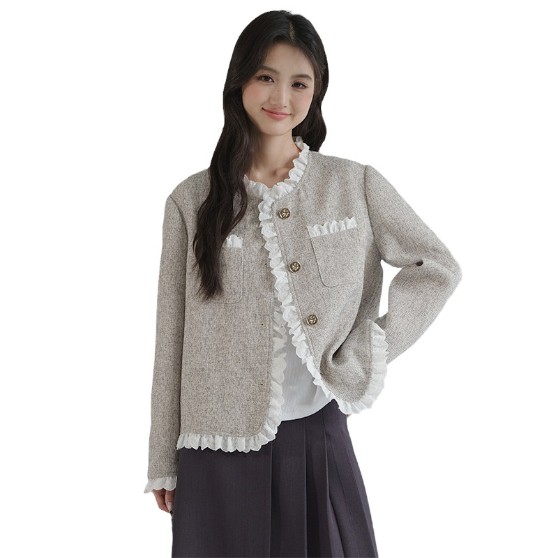 蓝若水大码女装蕾丝边小香风外套胖mm春装新款名媛气质粗纺上衣,淘宝优惠券,粉丝福利购,淘宝优惠卷