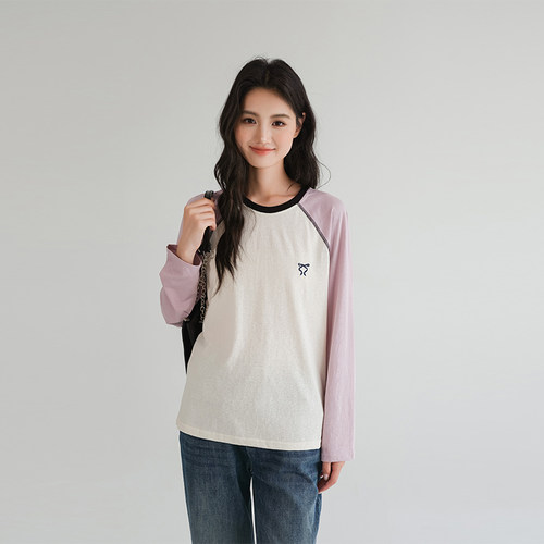 蓝若水大码女装别致插肩长袖T恤胖mm春季新款宽松刺绣打底上衣 - 图1