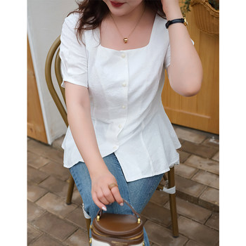 Lan Ruoshui plus size women's French square collar waist slimming shirt fat mm summer new ladylike temperament top covering top