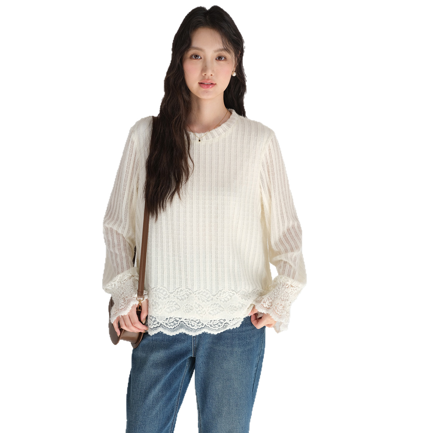 【磨毛肌理感条纹蕾丝衫】蓝若水大码2026春装新款遮肚子宽松上衣,淘宝优惠券,粉丝福利购,淘宝优惠卷