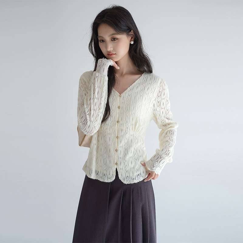 蓝若水大码女装洋气v领磨毛蕾丝衬衫微胖mm春装收腰显瘦长袖上衣,淘宝优惠券,粉丝福利购,淘宝优惠卷