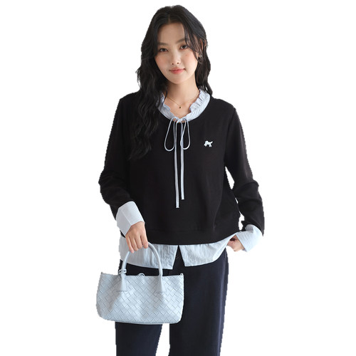 【减龄学院风假两件衬衫】蓝若水大码2026春装新款木耳边系带上衣 - 图3