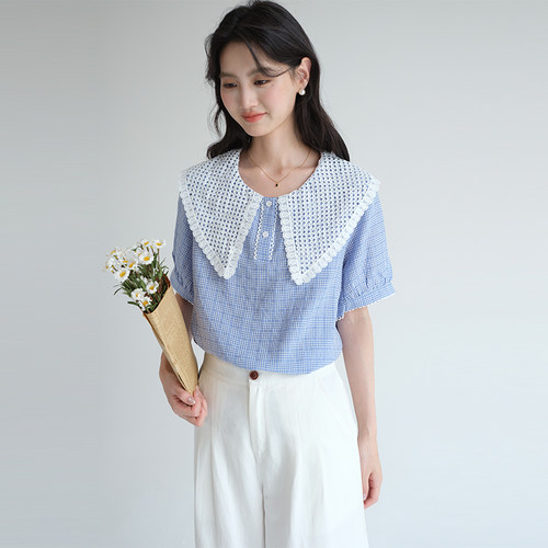 【甜美蕾丝娃娃领格纹衬衫】蓝若水大码2026夏新款小清新减龄上衣 - 图0