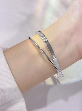 四叶草银手镯女纯银999足银双环实心银镯子年轻款手环送女友闺蜜